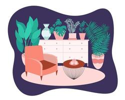 vlak stijl leven kamer ontwerp. hand- getrokken leven kamer interieur ontwerp met fauteuil en bloemen vector