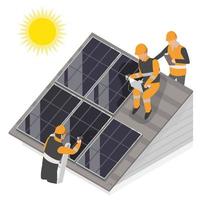 zonne- cel macht fabriek huis dak top onderhoud team isometrische vector