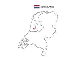 hand- trek dun zwart lijn vector van Nederland kaart met hoofdstad stad Amsterdam Aan wit achtergrond.