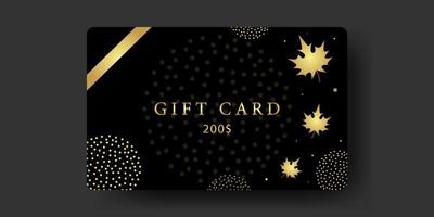 luxe geschenk kaart sjabloon. ontwerp lay-out voor coupon, bon, korting, certificaat. zwart en goud. tekst, lint, esdoorn- bladeren, vuurwerk. elegant vector illustratie voor bedrijf, winkelen.