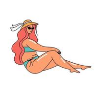 meisje in een zwempak, zomer strand vakantie. vrouw Bij de zee. lichaam positiviteit en zelfliefde. mooi mensen. tekening stijl illustratie vector