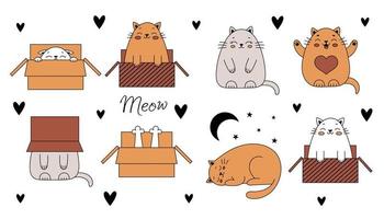 schattig tekening katten. grappig katten in een doos. vector illustratie met huisdieren geïsoleerd Aan wit achtergrond.