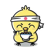 een schattig geel kip is vervelend een Japans hoofdband en aan het eten ramen noedels. tekenfilm mascotte ontwerp. vector