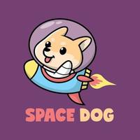 een schattig shiba inu is vervelend een astronaut pak en rijden een raket. premie tekenfilm vector. vector