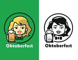 schattig vrouw is Holding een mok van bier in twee verschillend kleuren tekenfilm logo reeks vector