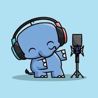 een schattig olifant is vervelend hoofdtelefoons en het zingen in voorkant van de recorder. premie tekenfilm vector. vector