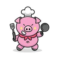 grappig varken chef is brengen pan en spatel tekenfilm mascotte logo vector