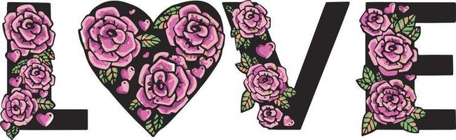 roze rozen liefde belettering patroon. zwart achtergrond en illustratie vector