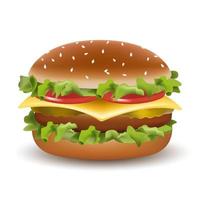 vector realistisch klassiek Amerikaans Hamburger cheeseburger met een salade met tomaten, kaas, Aan wit achtergrond. snel voedsel