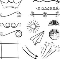 hand- getrokken abstract kattebelletje tekening van kroon, spiraal, krullen, bloemen, pijl, regenboog, kader, explosie, viering, bloem, vlak en zon vector