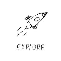 doodle kosmos illustratie in kinderachtige stijl. handgetekende ruimtekaart met belettering verkennen, raket. zwart en wit vector