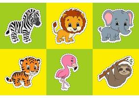 set felle kleurenstickers voor kinderen. dieren thema. leuke stripfiguren. vectorillustratie geïsoleerd op een achtergrond in kleur. vector