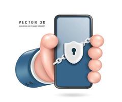 hand- van een zakenman in een blauw pak is Holding smartphone met beschermend schild met een sleutelgat en heeft metaal keten gehecht naar smartphone, vector 3d met minimalistische stijl schattig tekenfilm stijl