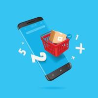 de pakket doos is geplaatst in een rood boodschappen doen mand en allemaal drijvend Aan de smartphone scherm vector