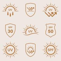 uv zon beschermen spf lijn icoon set. sunblock schild bescherming huid van ultraviolet straling stralen lineair pictogram. blok reflecteren zon licht straal pijlen schets icoon. geïsoleerd vector illustratie.