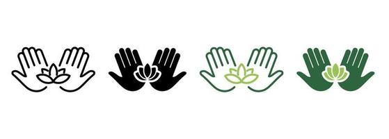 hand- Holding lotus yoga silhouet en lijn icoon. palm en bloem medisch zorg schoonheid acupunctuur pictogram. esoterisch meditatie icoon. medisch massage. bewerkbare hartinfarct. geïsoleerd vector illustratie.