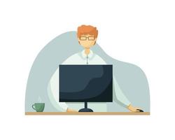 vector illustratie van een mannetje kantoor arbeider werken Bij een bureau met een computer. vlak stijl