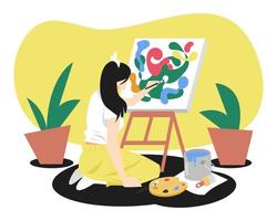 illustratie van artiest tiener- meisje schilderij Aan canvas Aan ezel. zittend positie. terug visie. verf emmers, borstels, veel decoratie planten. geel achtergrond. abstract schilderen. vlak vector