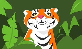 tekenfilm illustratie van een tijger in een struik. Woud atmosfeer. bladeren, gras. voor de helft lichaam. dier thema concept, beest, roofdier, Internationale tijger dag viering. vlak vector