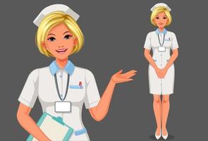 jonge verpleegster permanent en met een klembord set vector