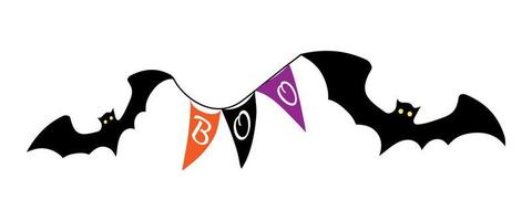 halloween vleermuizen met boe vlaggen in oranje, zwart en Purper. vector clip art geïsoleerd Aan wit achtergrond. spookachtig achtergrond voor halloween viering, textiel, achtergronden, inpakken papier, scrapbooken.