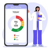 vrouw voedingsdeskundige of diëtist dokter Holding klembord. smartphone met Gezondheid toezicht houden, voeding tabel controle. gezondheidszorg en gewicht verlies concept. vector