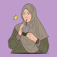 vector illustratie van moslim vrouw in hijab drinken bevroren koffie