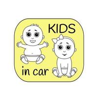 sticker met een baby meisje en jongen met een kinderen in auto bericht. vector teken Aan een geel achtergrond met een tekens in een lijn stijl. waarschuwing teken