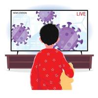 jongen kijkt naar nieuws over covid-19 of coronavirus vector