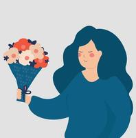 vrouw Holding een boeket van bloemen. gelukkig vrouw in een positief humeur geeft of ontvangt voorjaar bloemen voor moeder, vrouwen of Valentijnsdag dag. mentaal Gezondheid welzijn concept. vector illustratie