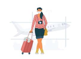 jong vrouw vervelend beschermend masker met koffer en camera staand in luchthaven. reizen gedurende pandemisch concept. vlak vector illustratie.