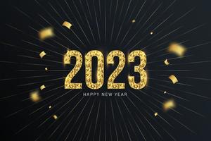 2023 gelukkig nieuwjaar elegant ontwerp - vectorillustratie van gouden 2023 logo nummers op zwarte achtergrond - perfecte typografie voor 2023 bewaar de datum luxe ontwerpen en nieuwjaarsviering. vector