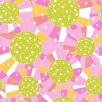 vector naadloos patroon met glimmend disco ballen in tekenfilm stijl. jaren 70 oppervlakte ontwerp met abstract vormen in levendig kleuren.