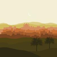 bewerkbare Arabisch stad silhouet vector illustratie met halve maan maan en datum palm bomen Aan woestijn voor Islamitisch religieus momenten ontwerp zo net zo Ramadan en eid met middeleeuws panorama