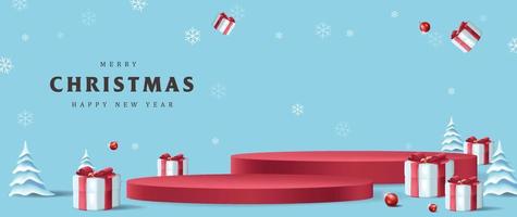 vrolijk Kerstmis banier met Product Scherm cilindrisch vorm en geschenk doos rood boog decoratie vector