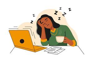 Afrikaanse Amerikaans vrouw is moe van werken Aan een laptop. de meisje wil naar slaap. ze houdt een kop van koffie in haar handen en valt in slaap. vector illustratie Aan de thema van oog Gezondheid en vermoeidheid.