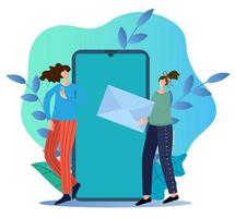 vlak vector illustratie.mensen schrijven brieven met de helpen van een smartphone.concept van modern communicatie technologieën en sociaal netwerken.