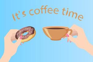 haar koffie tijd.handen Holding een kop van koffie en een donut.lunch breken.a vriendelijk snack.uitgaven tijd samen.plat vector illustratie.