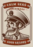 kleur vintage poster van het mariene thema met schedelkapitein vector