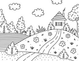 schattig kinderen kleur bladzijde. landschap met wolken, huis, bomen, struiken, bloemen, veld- en weg. vector hand getekend illustratie in tekening stijl. tekenfilm kleur boek voor kinderen.