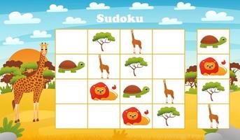 kinderen sudoku bord spel met tekenfilm giraffe en leeuw in woestijn. raadsel met Afrikaanse dieren tekens vector