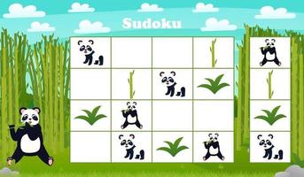 kinderen sudoku bord spel met tekenfilm panda en bamboe in Woud. raadsel met dieren tekens vector