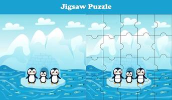 decoupeerzaag puzzel spel met noorden pool dieren in het wild - schattig pinguïns, afdrukbare werkblad voor kinderen in tekenfilm stijl, logisch spel vector