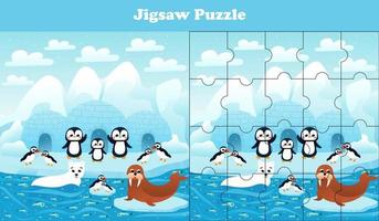 decoupeerzaag puzzel spel met noorden pool dieren in het wild - pinguïns, polair beer, zegel en papegaaiduikers, afdrukbare werkblad voor kinderen vector
