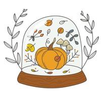 pompoen in een glas bal. herfst samenstelling in miniatuur vector