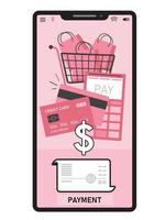 roze telefoonscherm met winkelwagentje en creditcard vector