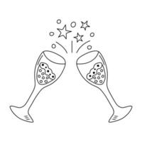 twee gerinkel bril met Champagne in tekening stijl. proost, vakantie geroosterd brood, verjaardag, partij, verjaardag concept. zwart en wit vector illustratie voor kleur boek.