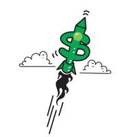 hand- getrokken tekening raket met geld symbool voor boost inkomen of investering illustratie vector
