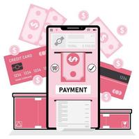 telefoon betalingsconcept met creditcards en roze dozen vector