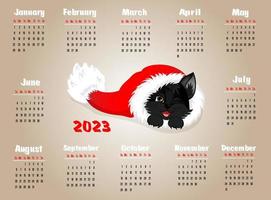 kalender 2023 met zwart kat. schattig weinig kat in Kerstmis hoed. week begint Aan zondag. vector